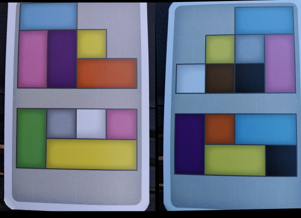 La foto riporta il fronte e il retro della stessa carta. Un giocatore vedrà la parte superiore a sinistra, l'altro quella a destra (la composizione in basso se si capovolge).