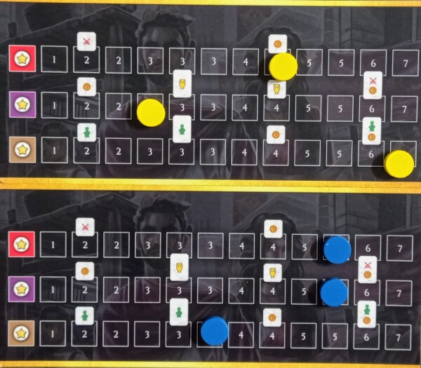 Ogni tessera posiziobayacon stelline permette di avanzare nel proprio Tracciato dei Quartieri. Qui mstriamo sia quello delgicoatore Blu che di quello Giallo