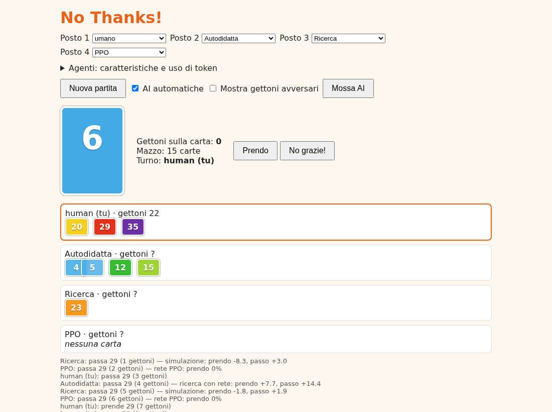 Webapp di No Thanks!: un umano al tavolo con Autodidatta, Ricerca e PPO